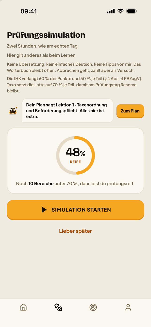 Prüfungssimulation in der App. Zwei Stunden wie am echten Tag, die Prüfungsreife als Ring bei 48 Prozent, der Hinweis Noch 10 Bereiche unter 70 Prozent und der Knopf Simulation starten.