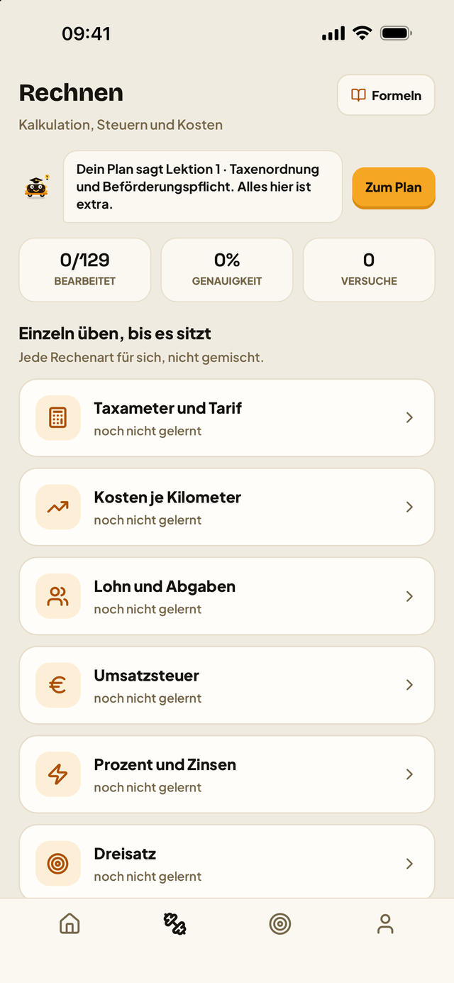 Rechnen in der App. Oben 0 von 129 bearbeitet, Taxos Hinweis auf den Plan, darunter die Übungen Taxameter und Tarif, Kosten je Kilometer, Lohn und Abgaben, Umsatzsteuer, Prozent und Zinsen und Dreisatz.
