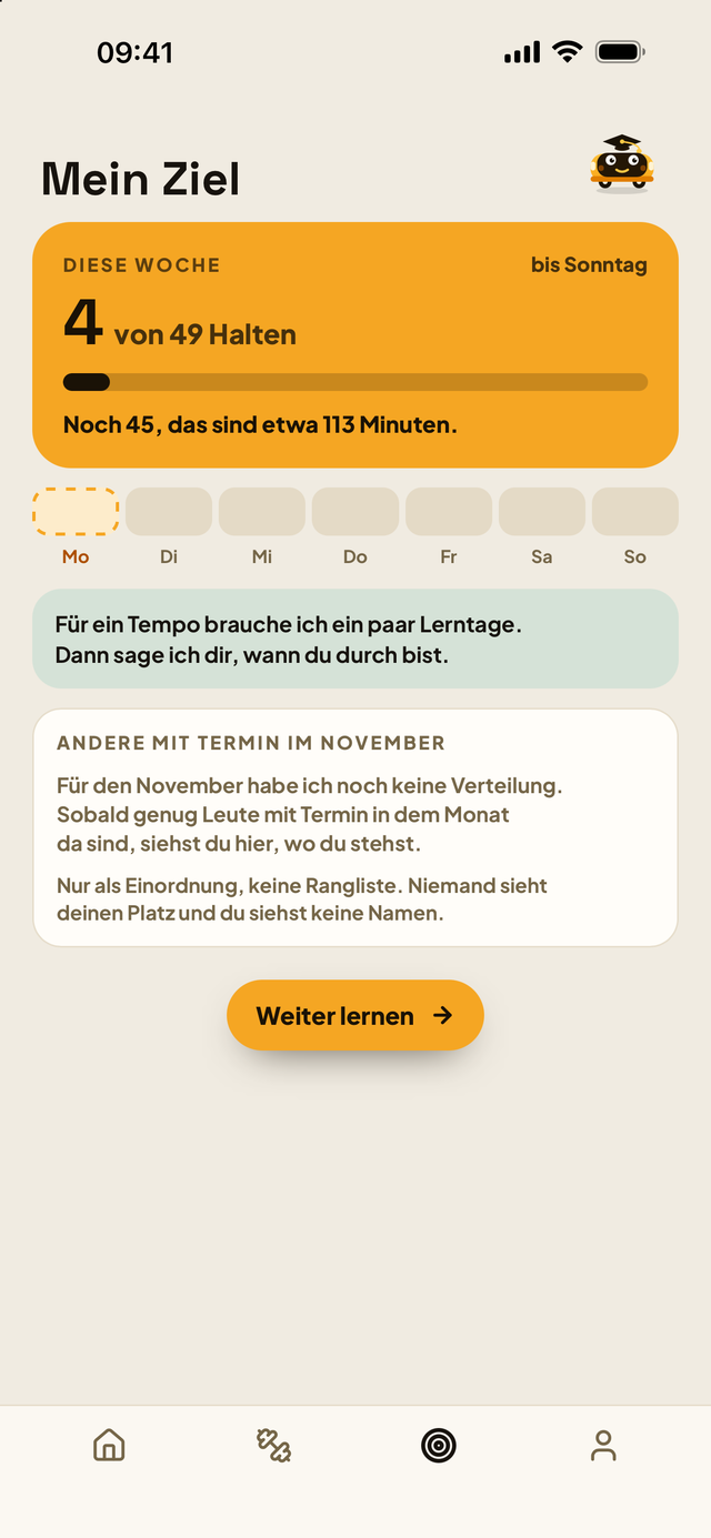 Mein Ziel in der App. Diese Woche 4 von 49 Halten, ohne Namen und ohne Plätze.